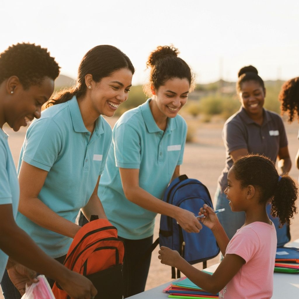 Volunteers helping children at a back-to-school event